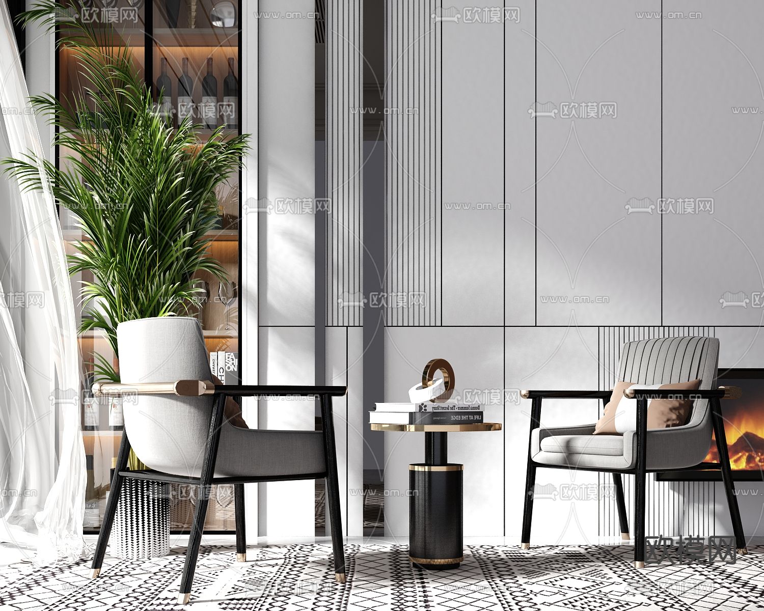 现代轻奢休闲椅角几饰品组合su模型下载（渲染图1）