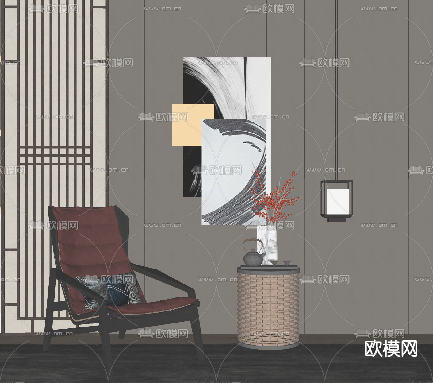 新中式休闲椅子su模型下载（渲染图2）