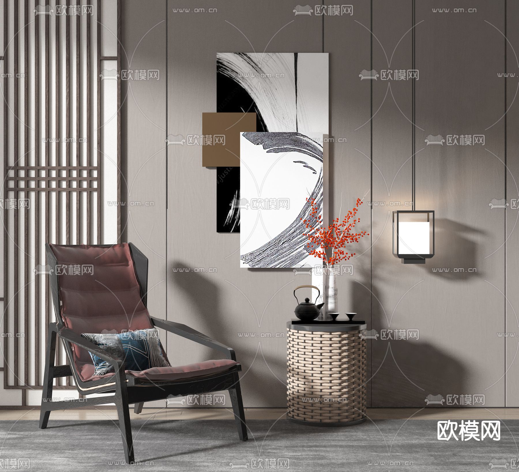 新中式休闲椅子su模型下载（渲染图1）