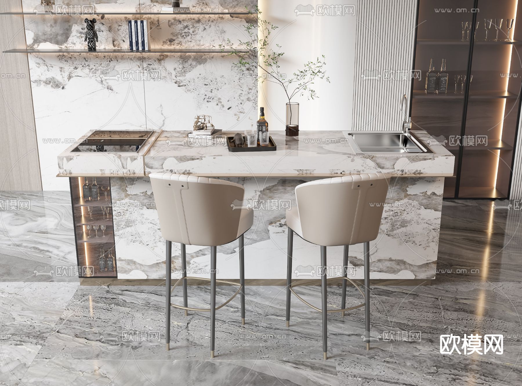 大理石吧台桌椅 餐桌椅3d模型下载