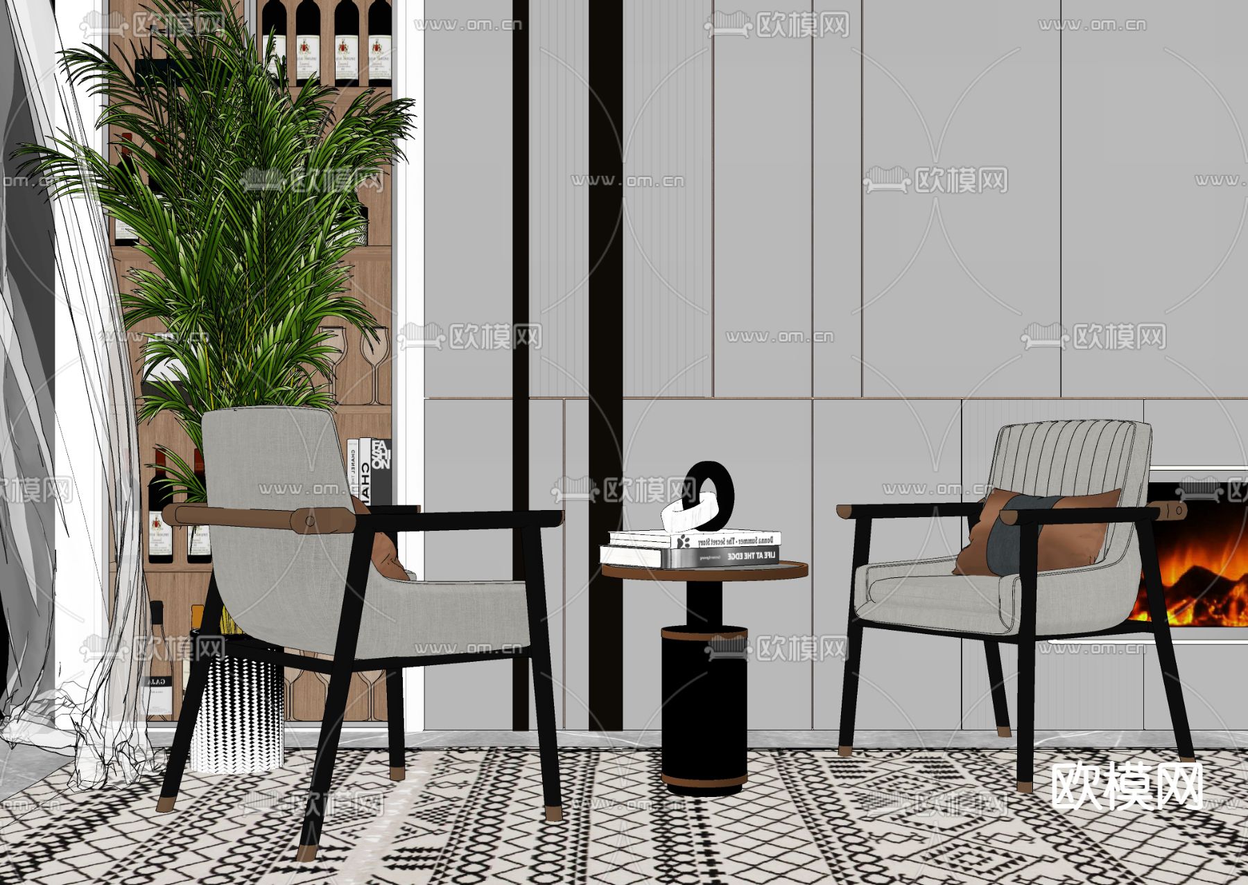 现代轻奢休闲椅角几饰品组合su模型下载（渲染图2）