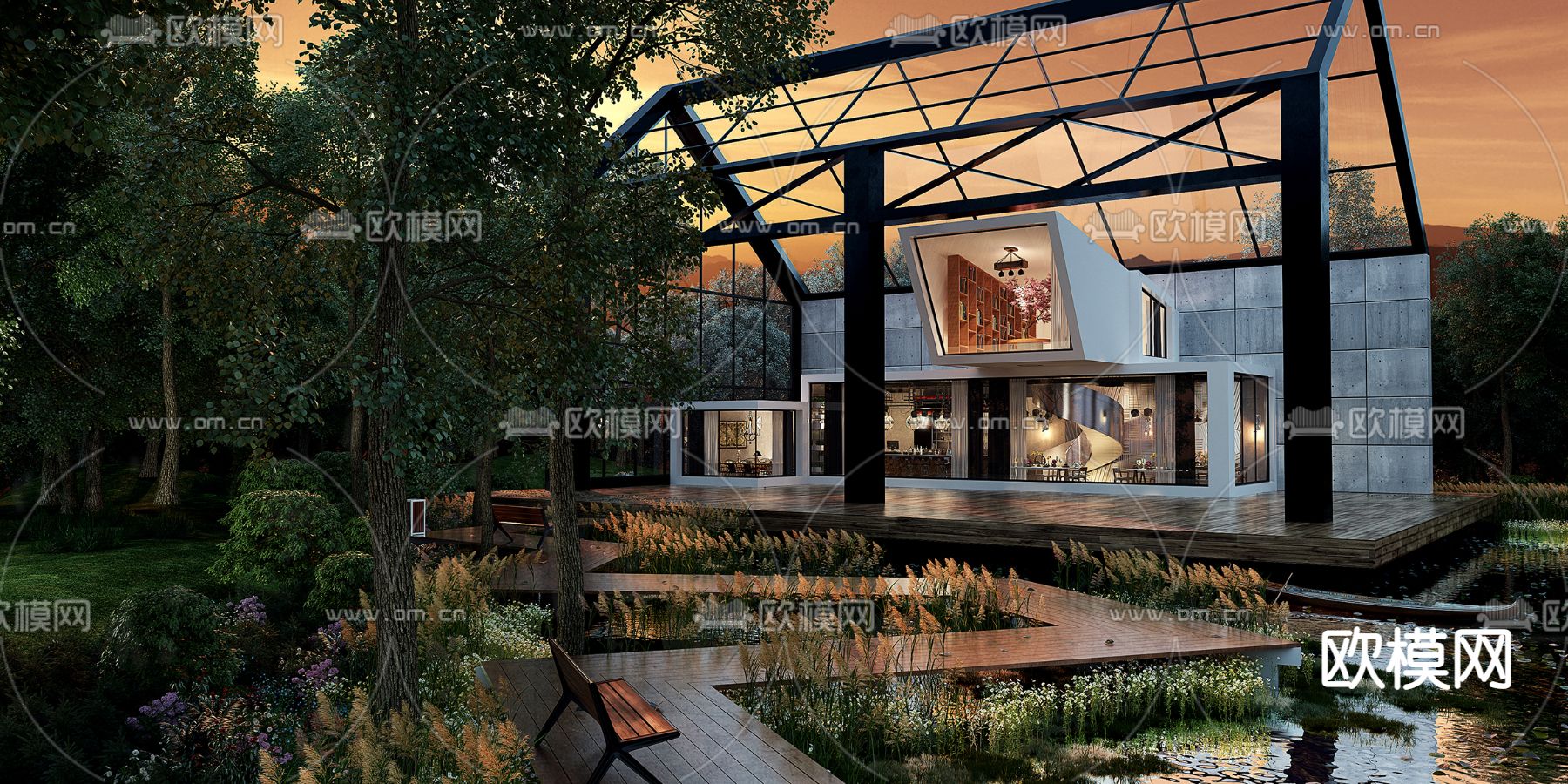 现代民宿餐厅园林景观3d模型下载