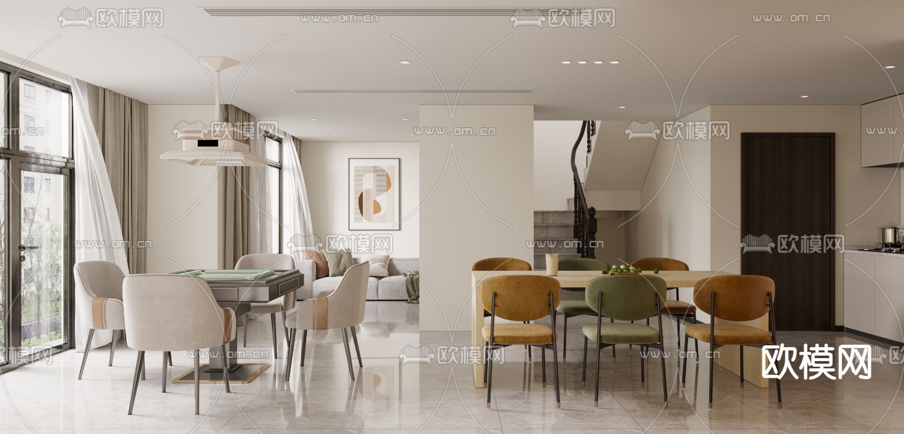 别墅地下餐厅 棋牌室 休闲区3d模型下载（渲染图1）