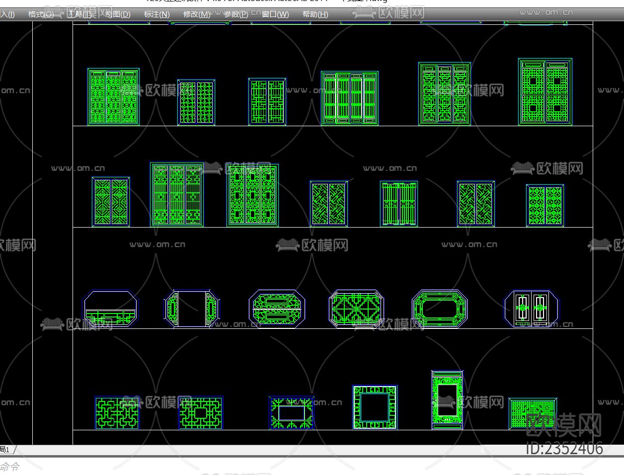 中式窗中式门窗花cad图库下载（渲染图3）