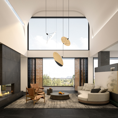  现代挑空别墅客厅su模型 