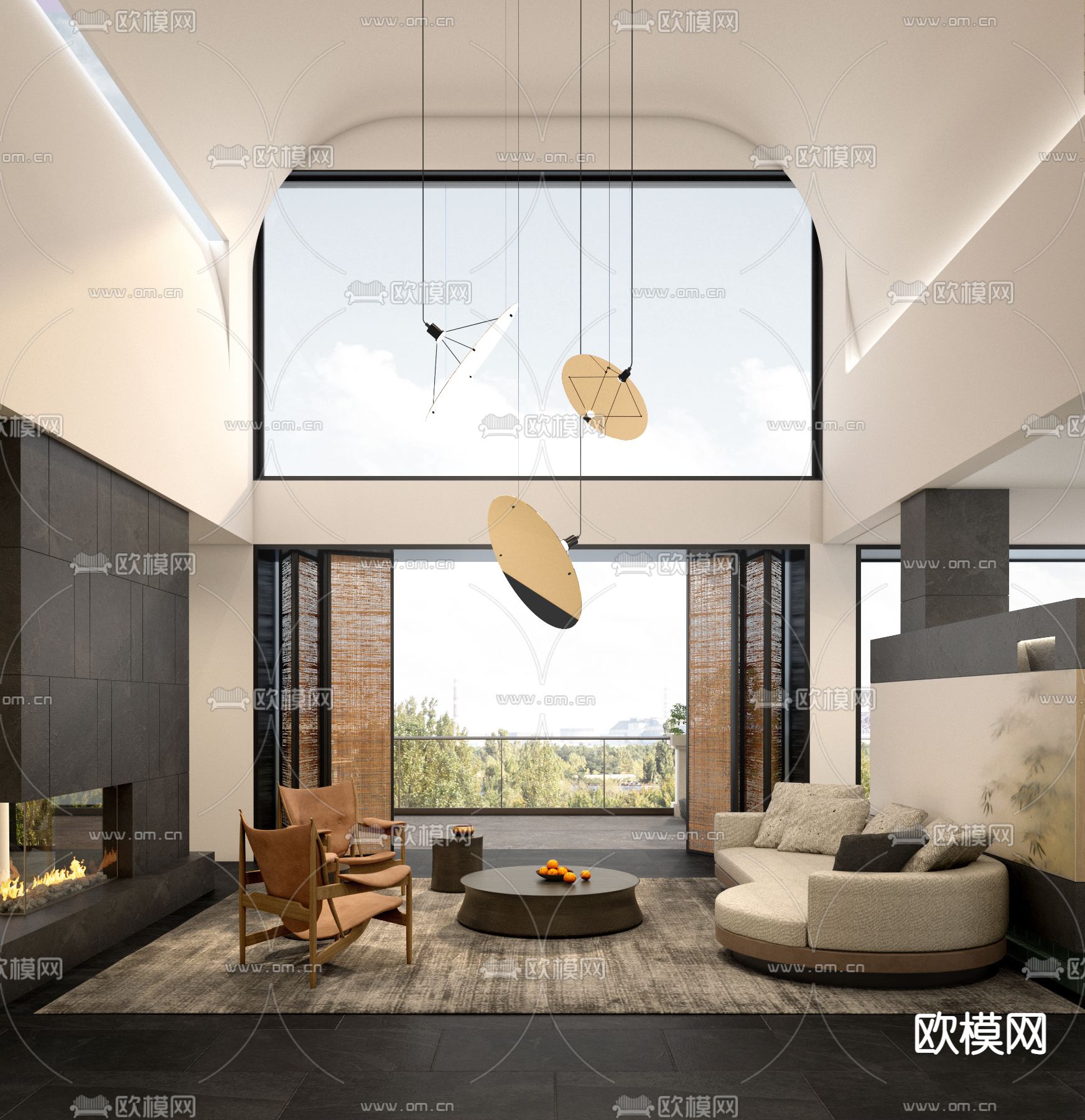 现代挑空别墅客厅su模型下载（渲染图1）