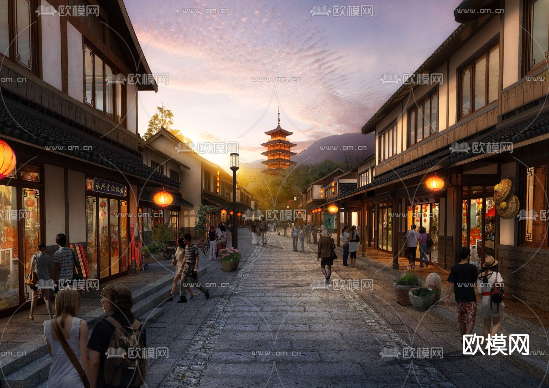 新中式商业街步行街夜景psd下载