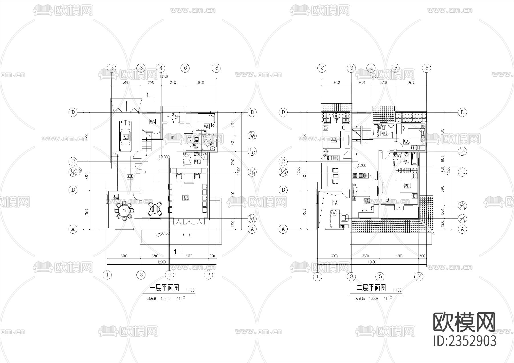 新中式别墅cad施工图下载（渲染图2）