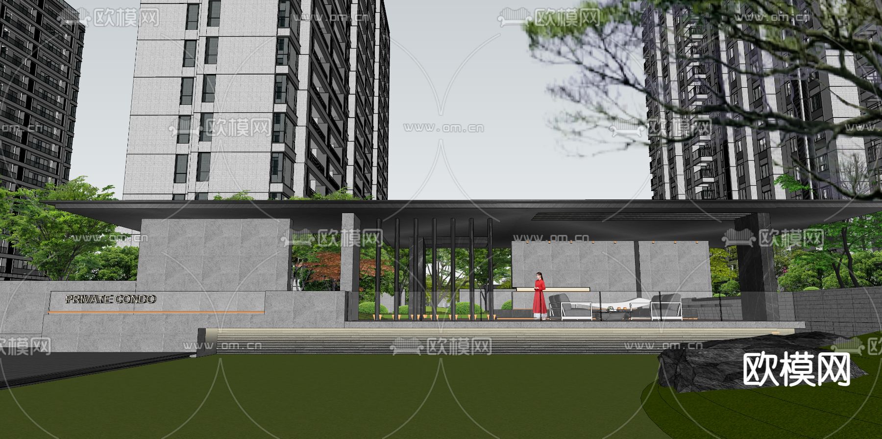 现代小区绿化园林景观su模型下载（渲染图8）