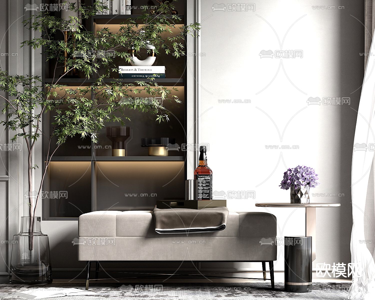 现代轻奢沙发凳角几饰品组合su模型下载（渲染图1）