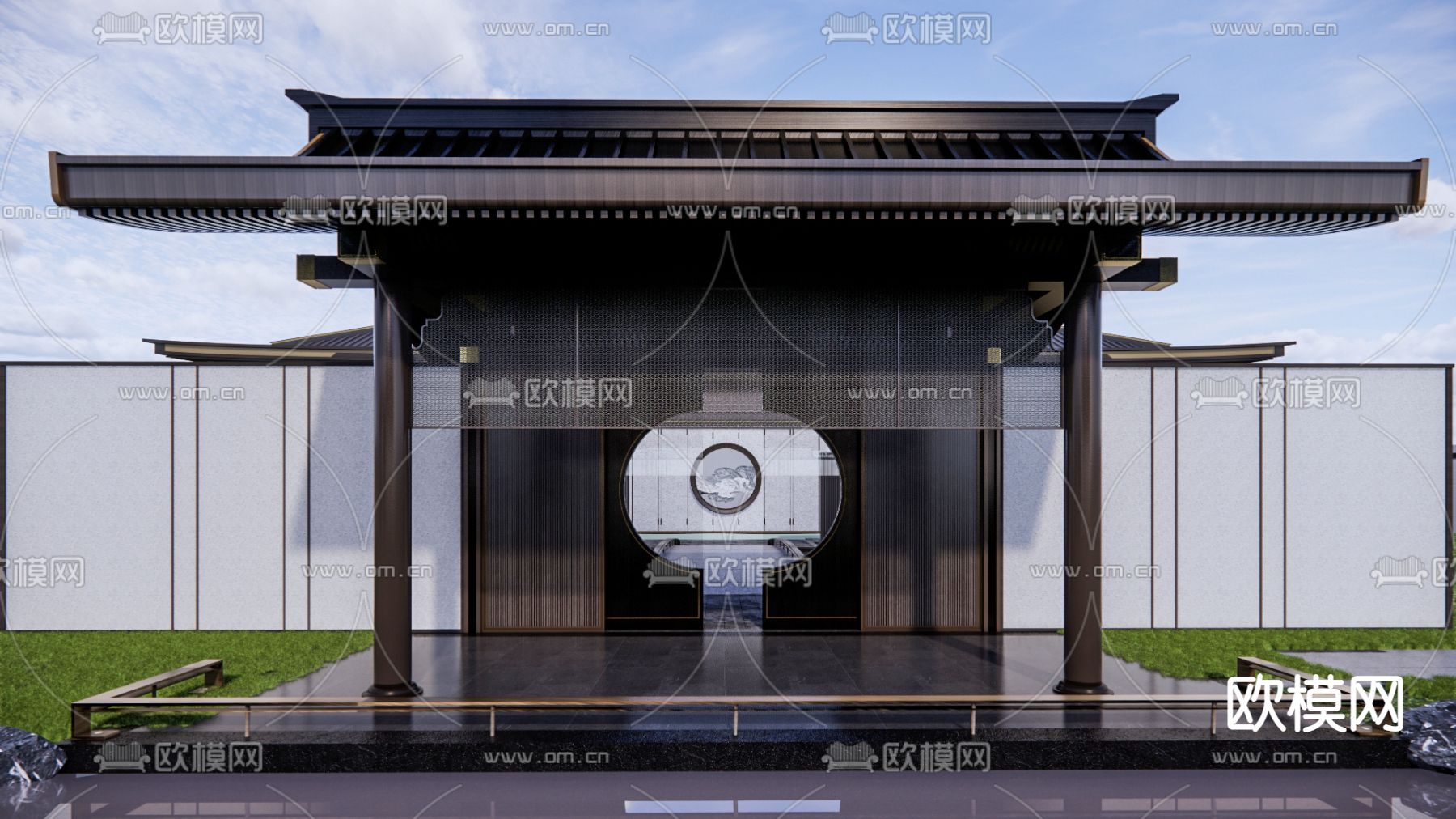 新中式高端别墅外观su模型下载（渲染图2）