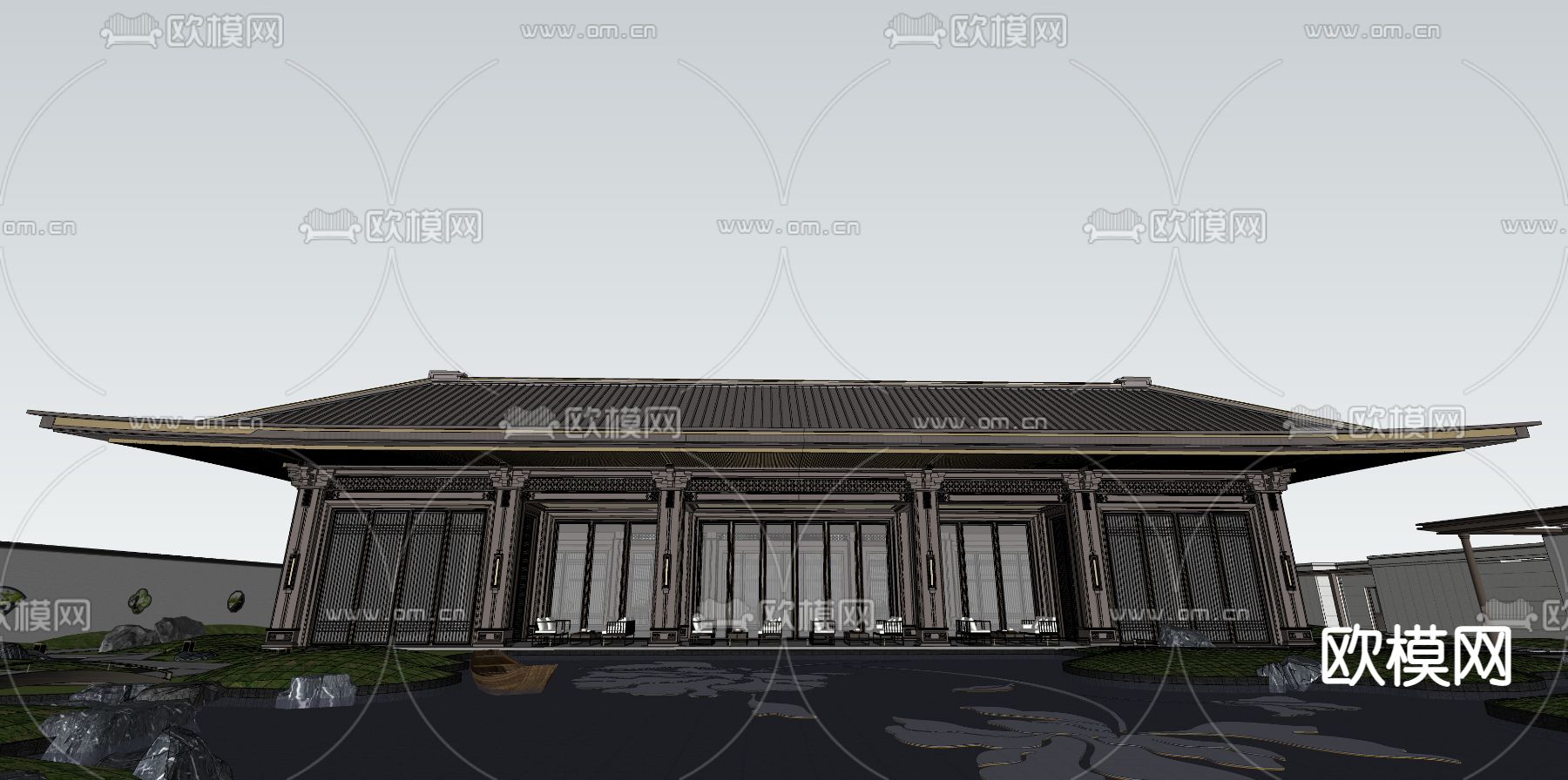 新中式高端别墅外观su模型下载（渲染图4）
