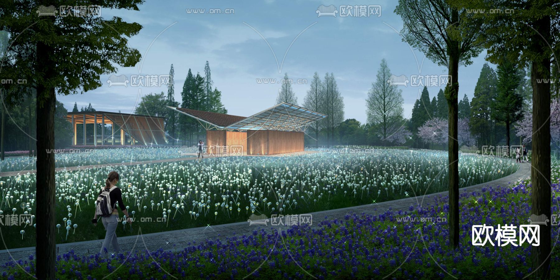 现代公园景观灯花卉夜景psd下载_ID12182963_3dmax免费模型-欧模网