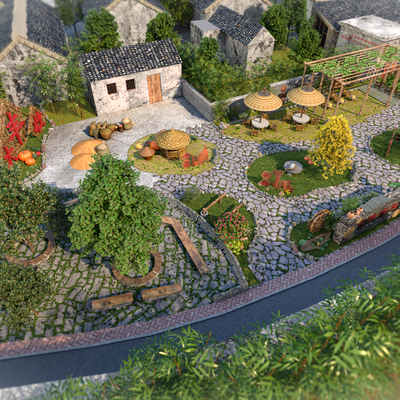  新中式农村村庄鸟瞰su模型 