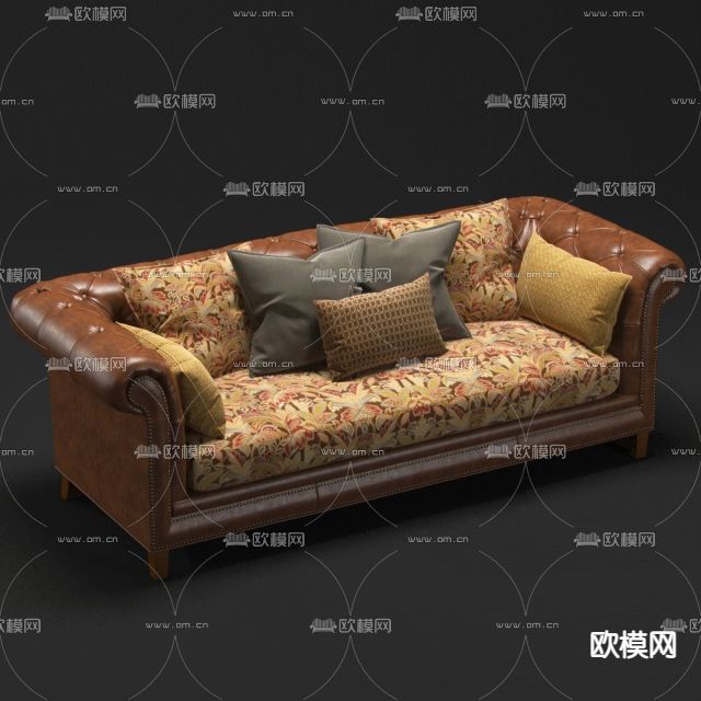 欧式复古皮革布艺多人沙发免费3d模型下载