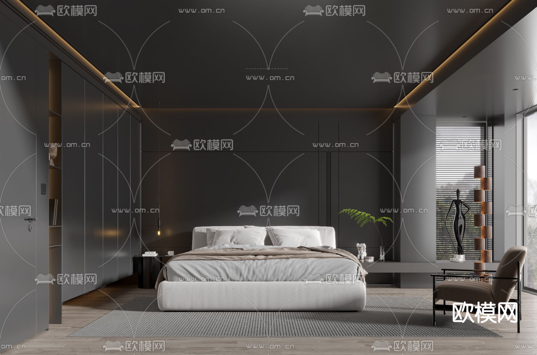 暗黑风卧室 主人房3d模型下载_ID12183680_3dmax免费模型-欧模网