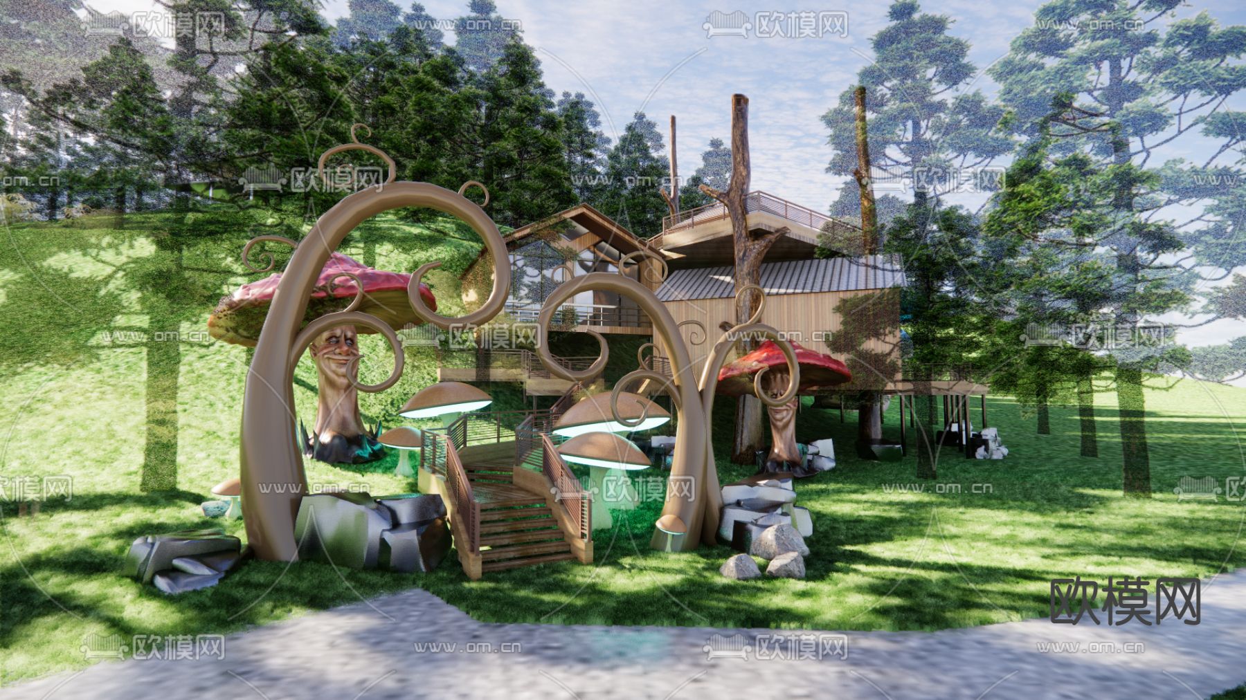 森林木屋 奇幻森林主题度假区su模型下载（渲染图1）