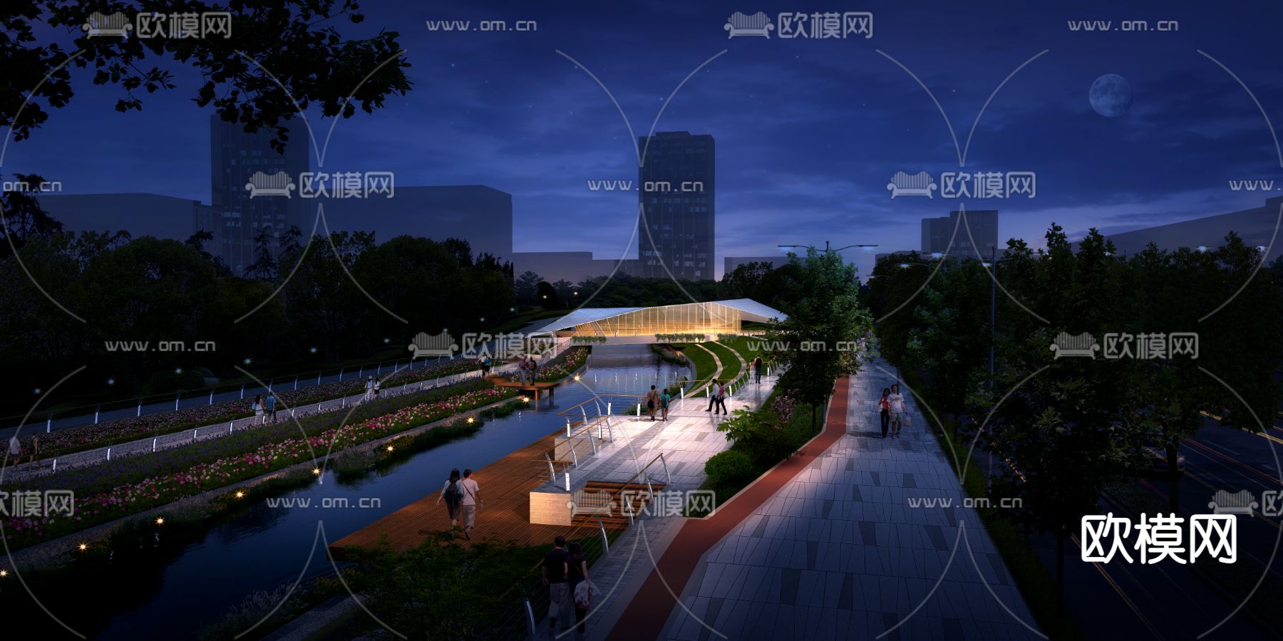 现代湖边公园夜景psd下载