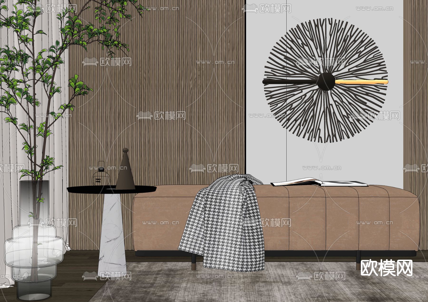 现代轻奢沙发凳角几饰品组合su模型下载（渲染图2）