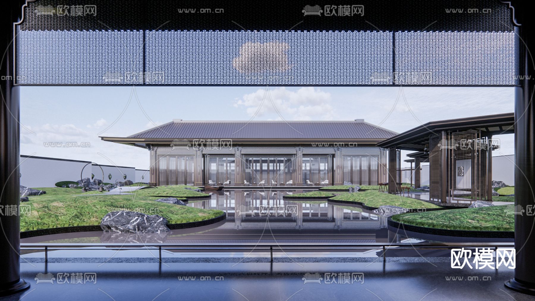 新中式高端别墅外观su模型下载（渲染图1）