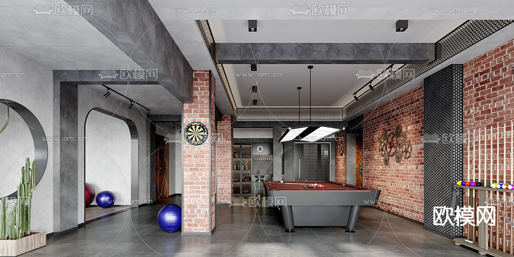 工业风台球室 休息室3d模型下载