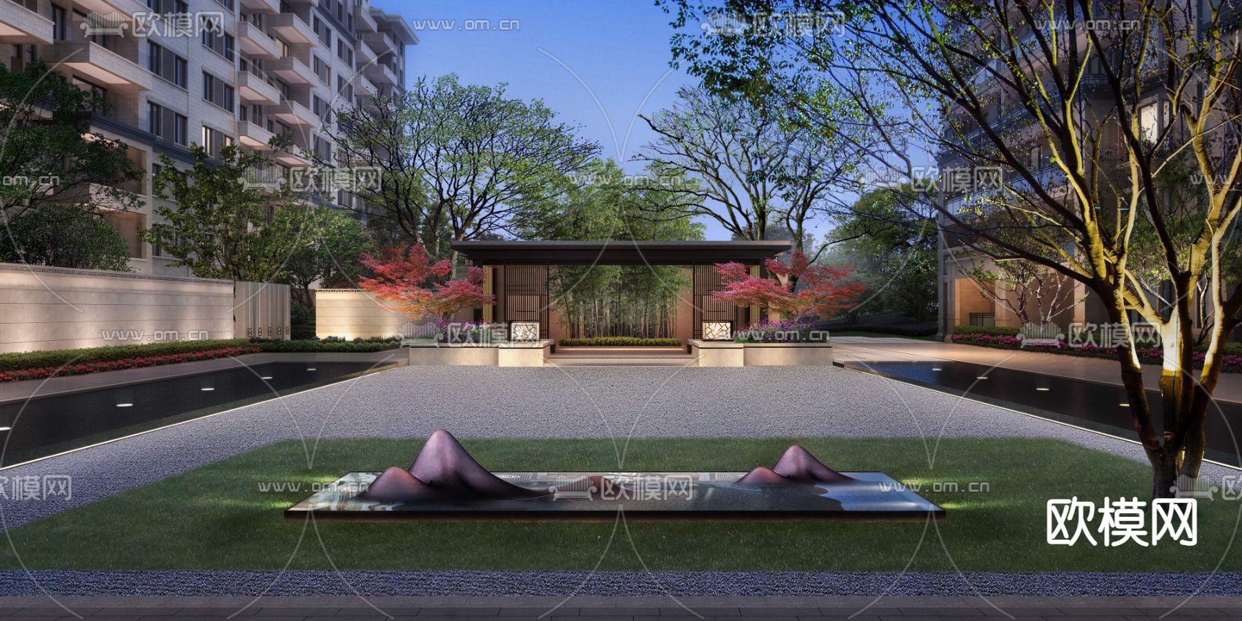 现代小区公园园林夜景psd下载