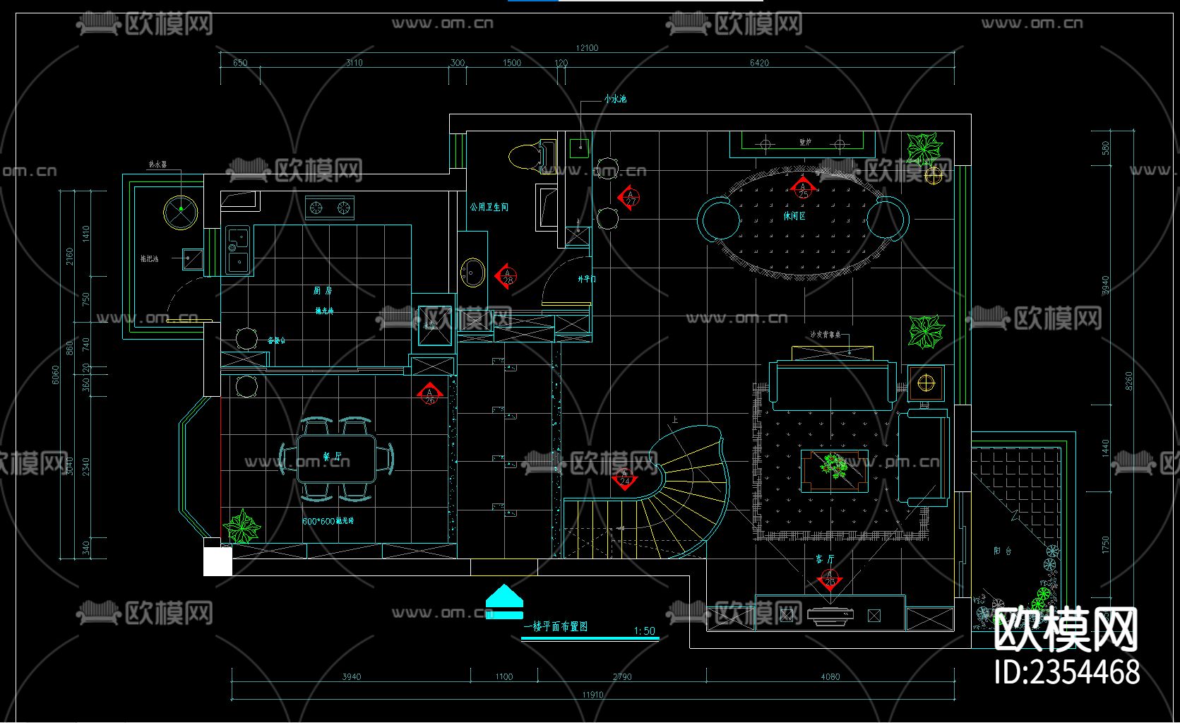 现代三层别墅室内装修CAD施工图-免费3dmax模型库-欧模网
