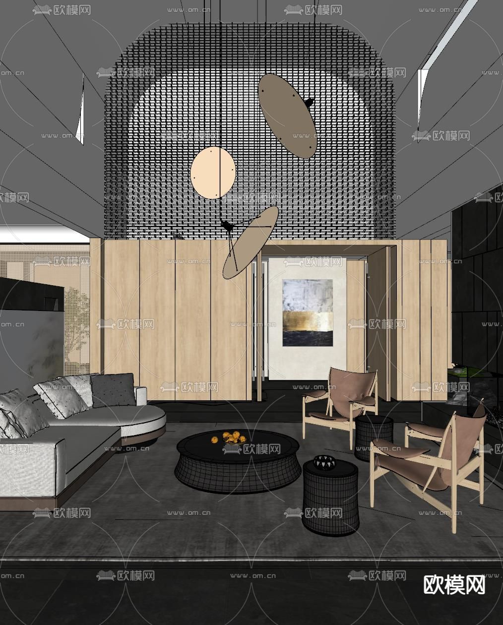 现代挑空别墅客厅su模型下载（渲染图3）