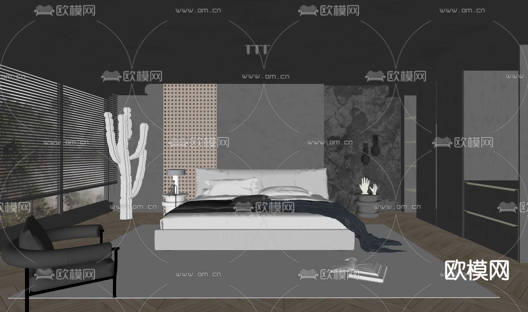 暗黑风卧室 主人房su模型下载（渲染图2）