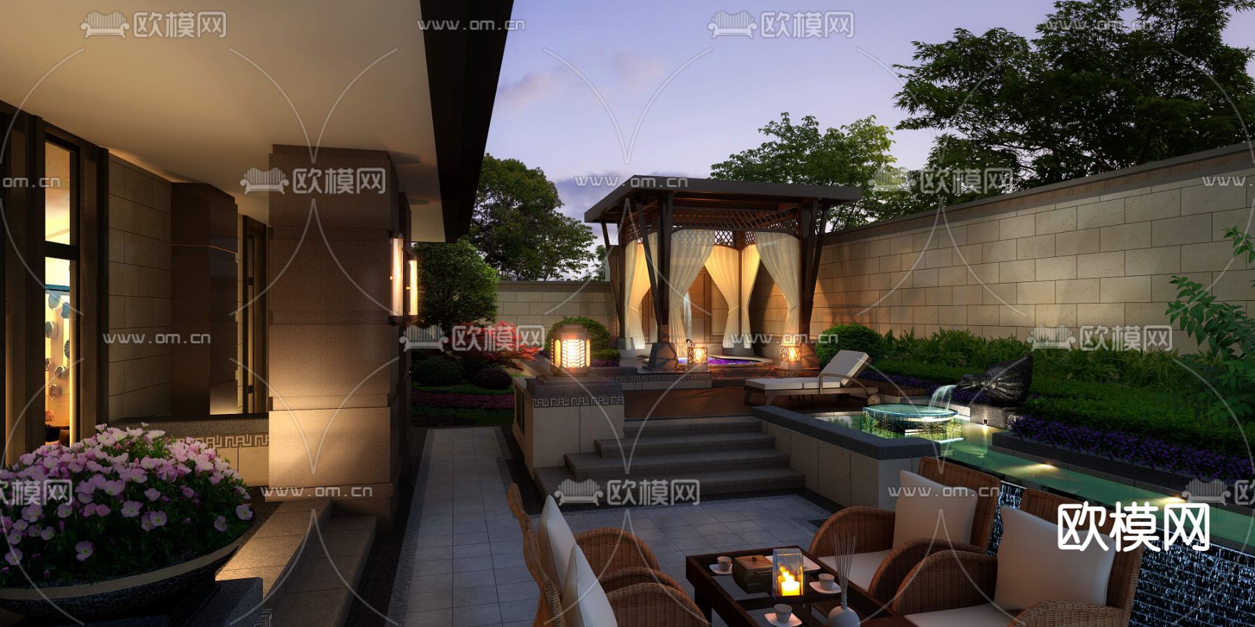 现代庭院花园阳台夜景psd下载