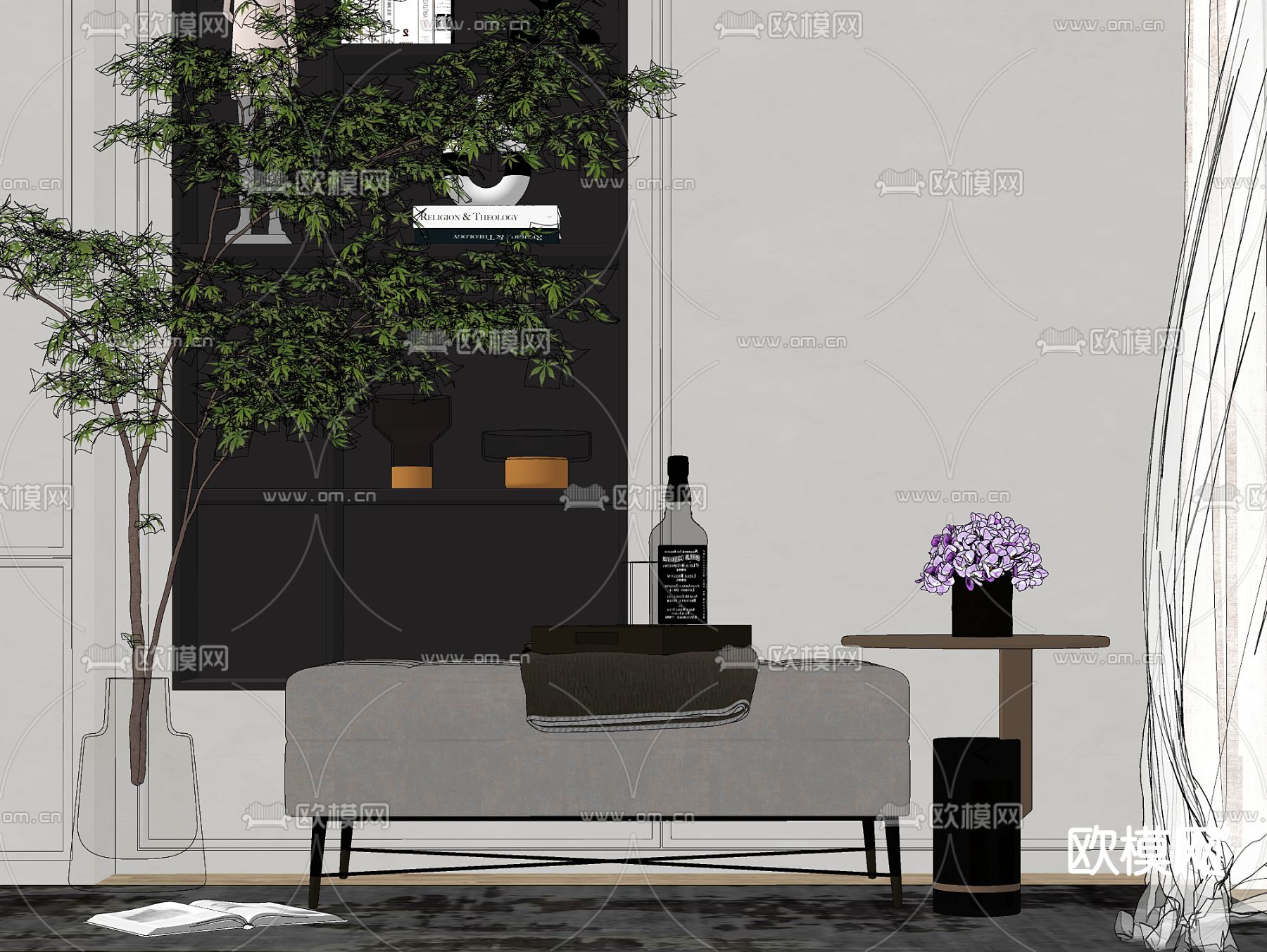 现代轻奢沙发凳角几饰品组合su模型下载（渲染图2）