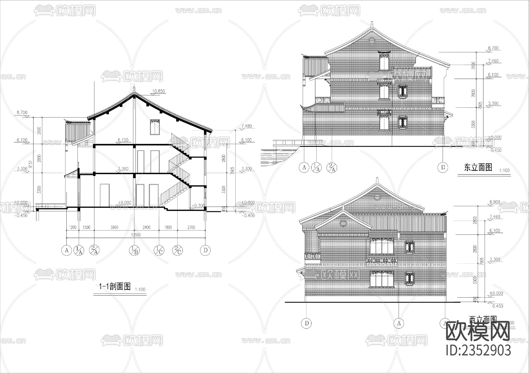 新中式别墅cad施工图下载（渲染图4）