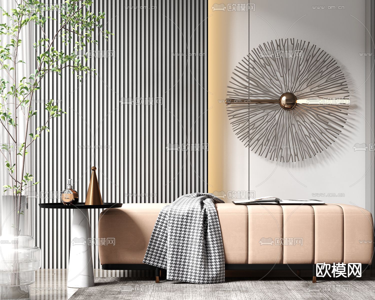 现代轻奢沙发凳角几饰品组合su模型下载（渲染图1）