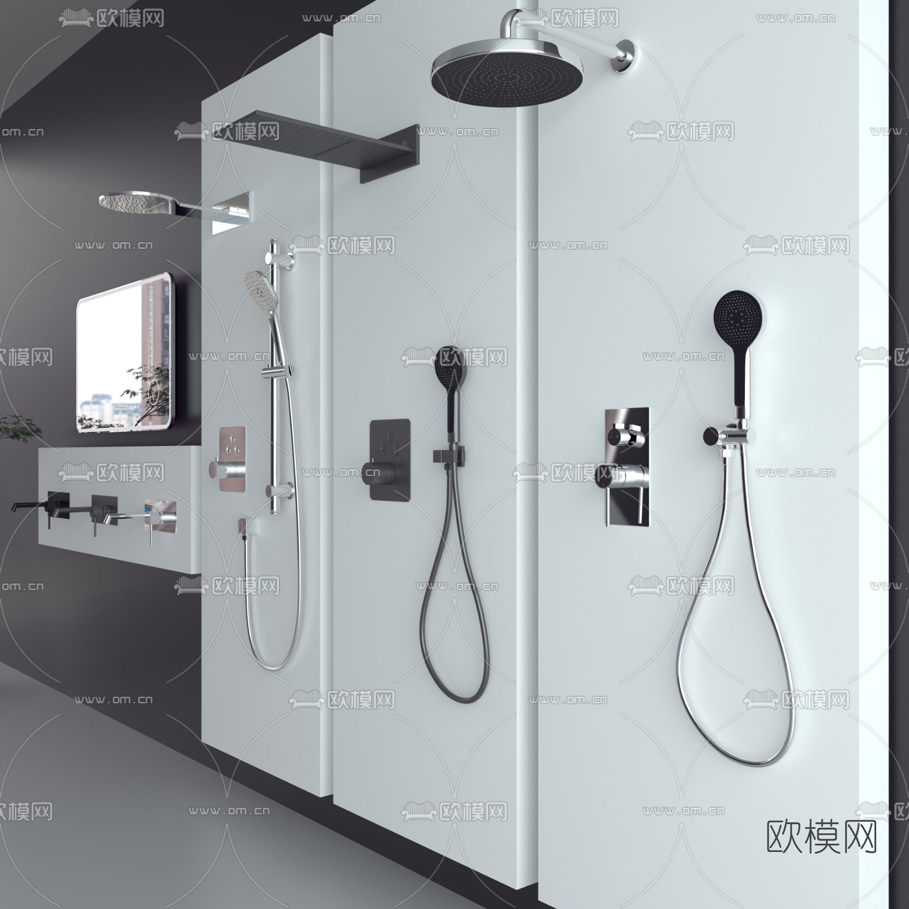 现代淋浴花洒水龙头3d模型下载（渲染图2）