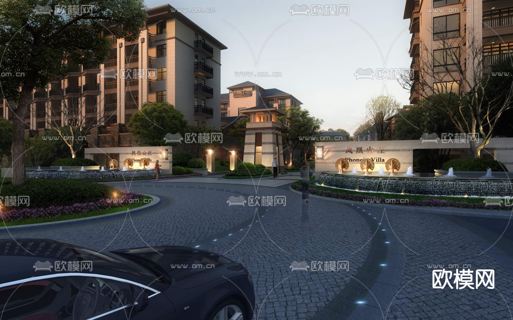 现代凤凰山庄大门入口夜景psd下载