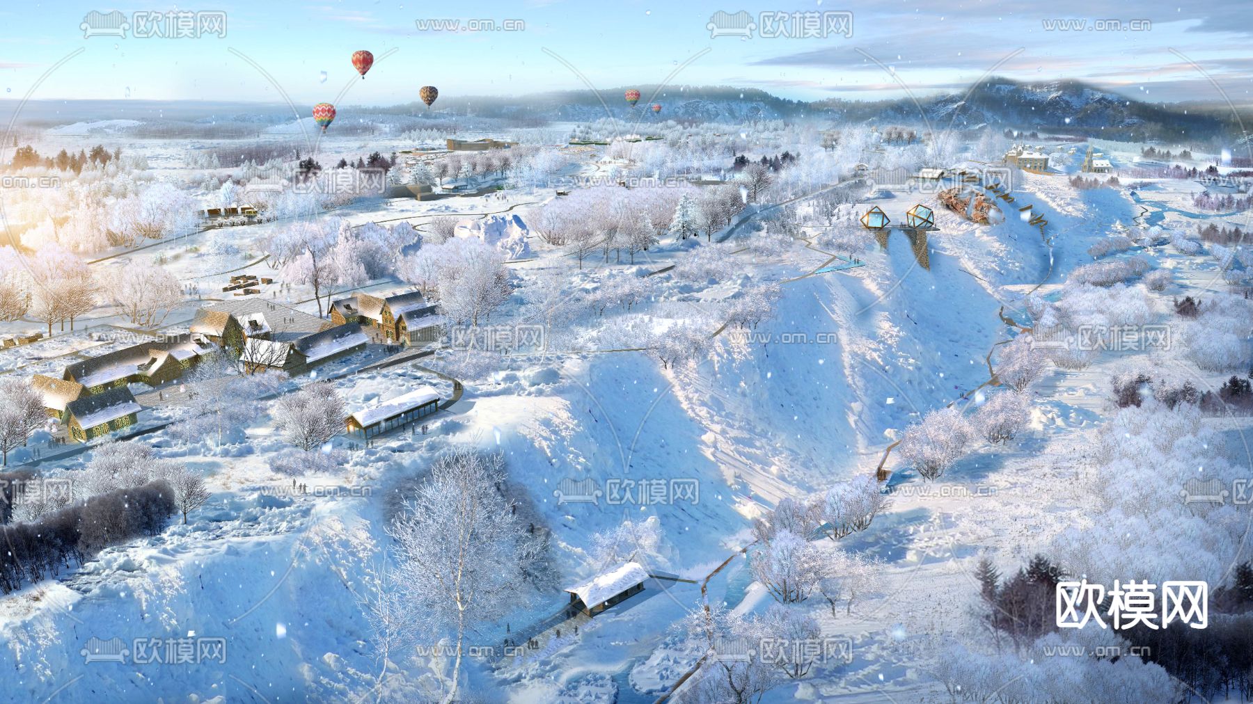 现代热气球雪景公园鸟瞰psd下载