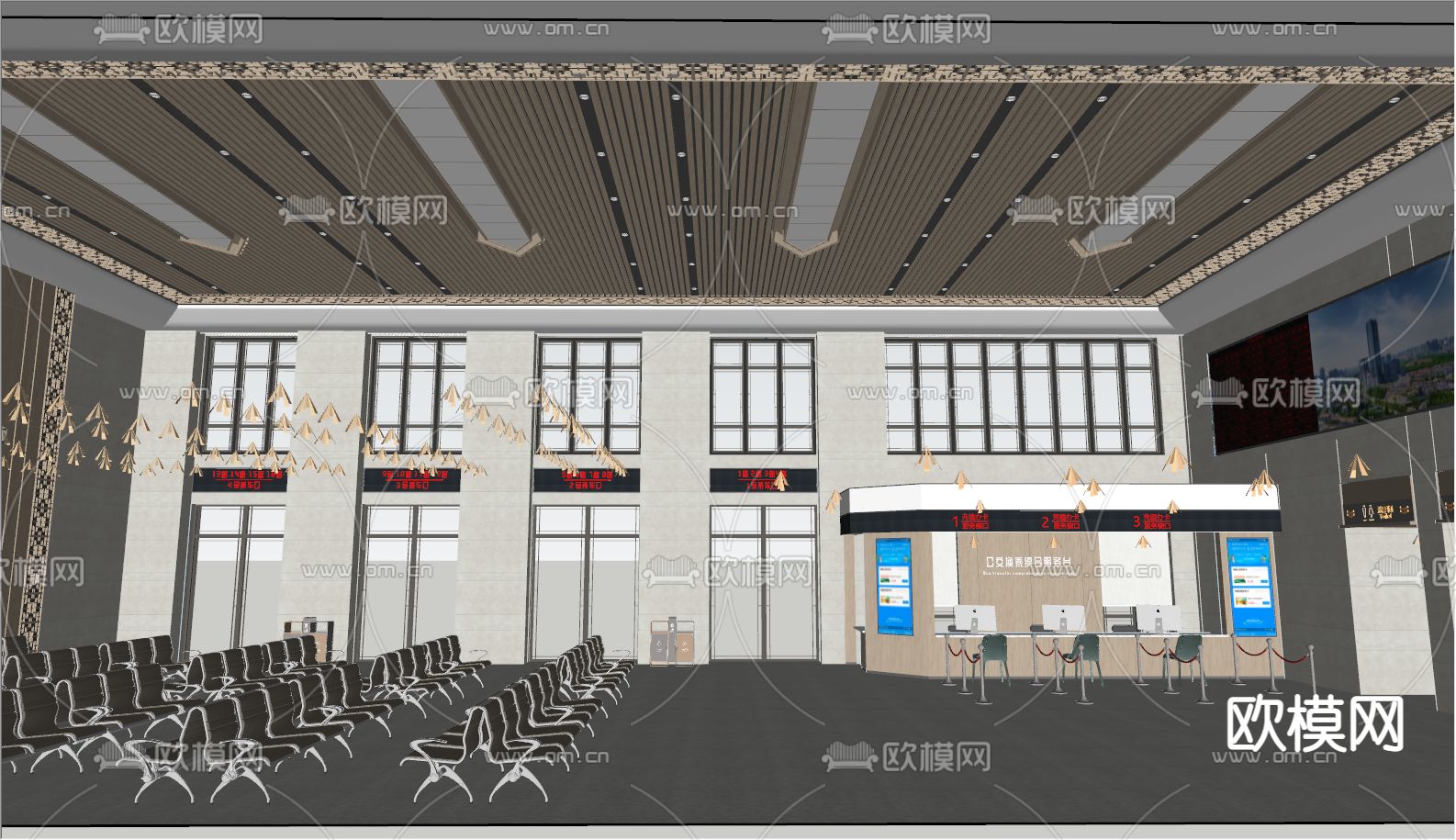 新中式车站换乘中心办事大厅su模型下载（渲染图4）