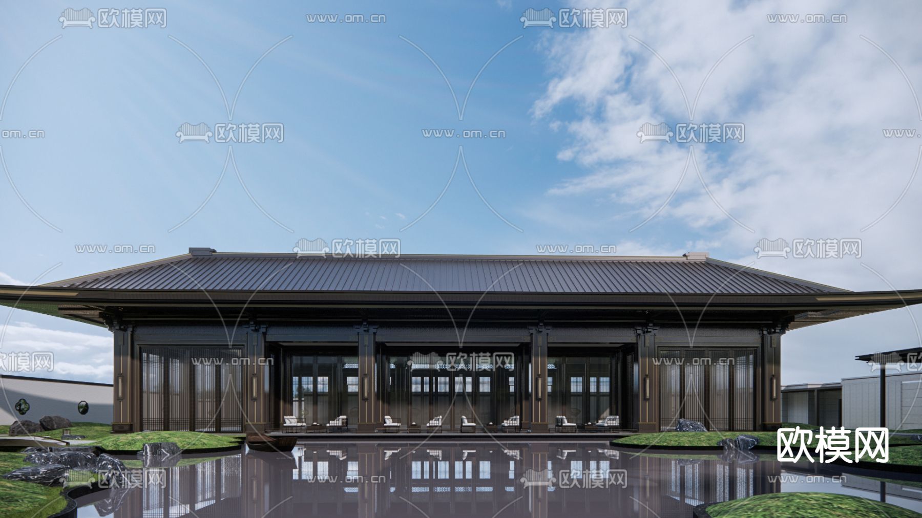 新中式高端别墅外观su模型下载（渲染图3）
