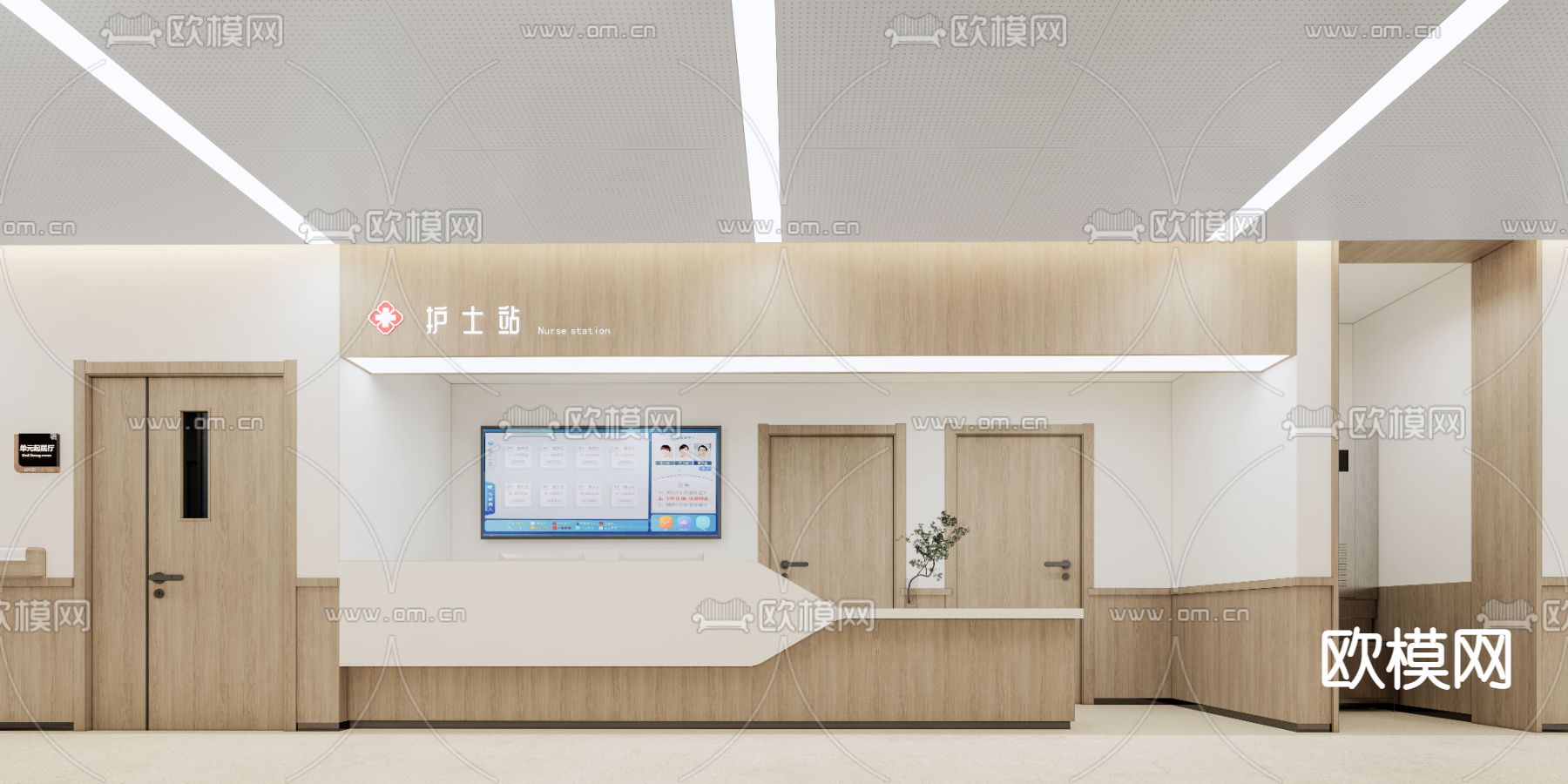 新中式医院护士站过道su模型下载（渲染图2）