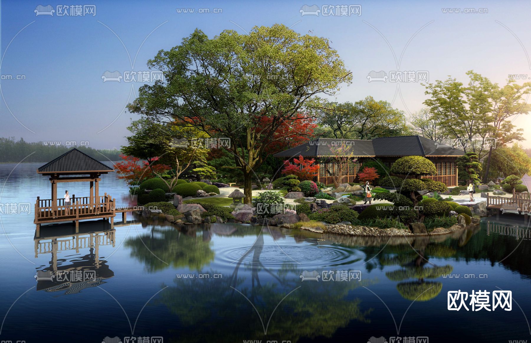 新中式湖边凉亭 亭子psd下载