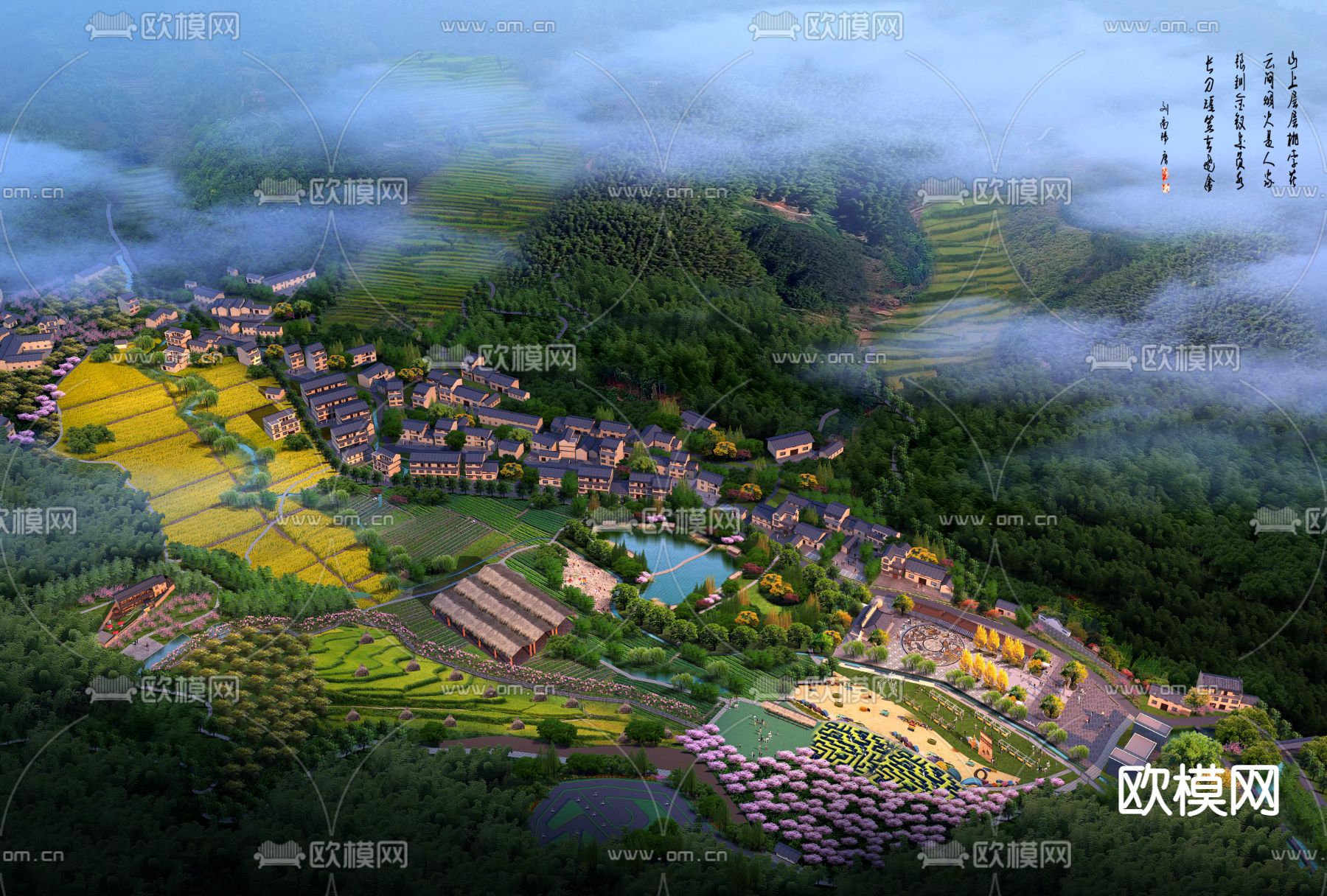 新中式公园园林鸟瞰psd下载