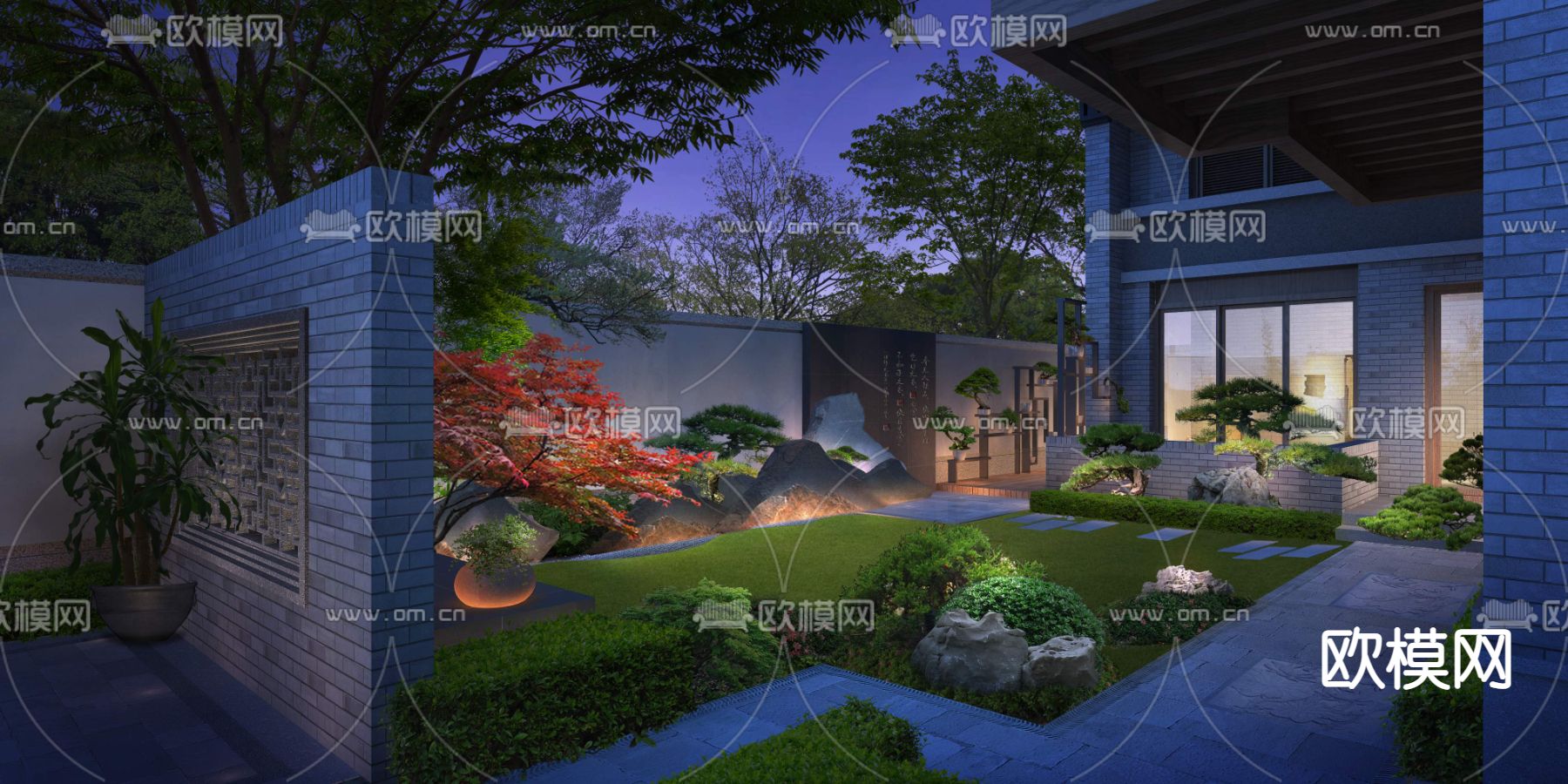 现代绿植造景小品夜景psd下载