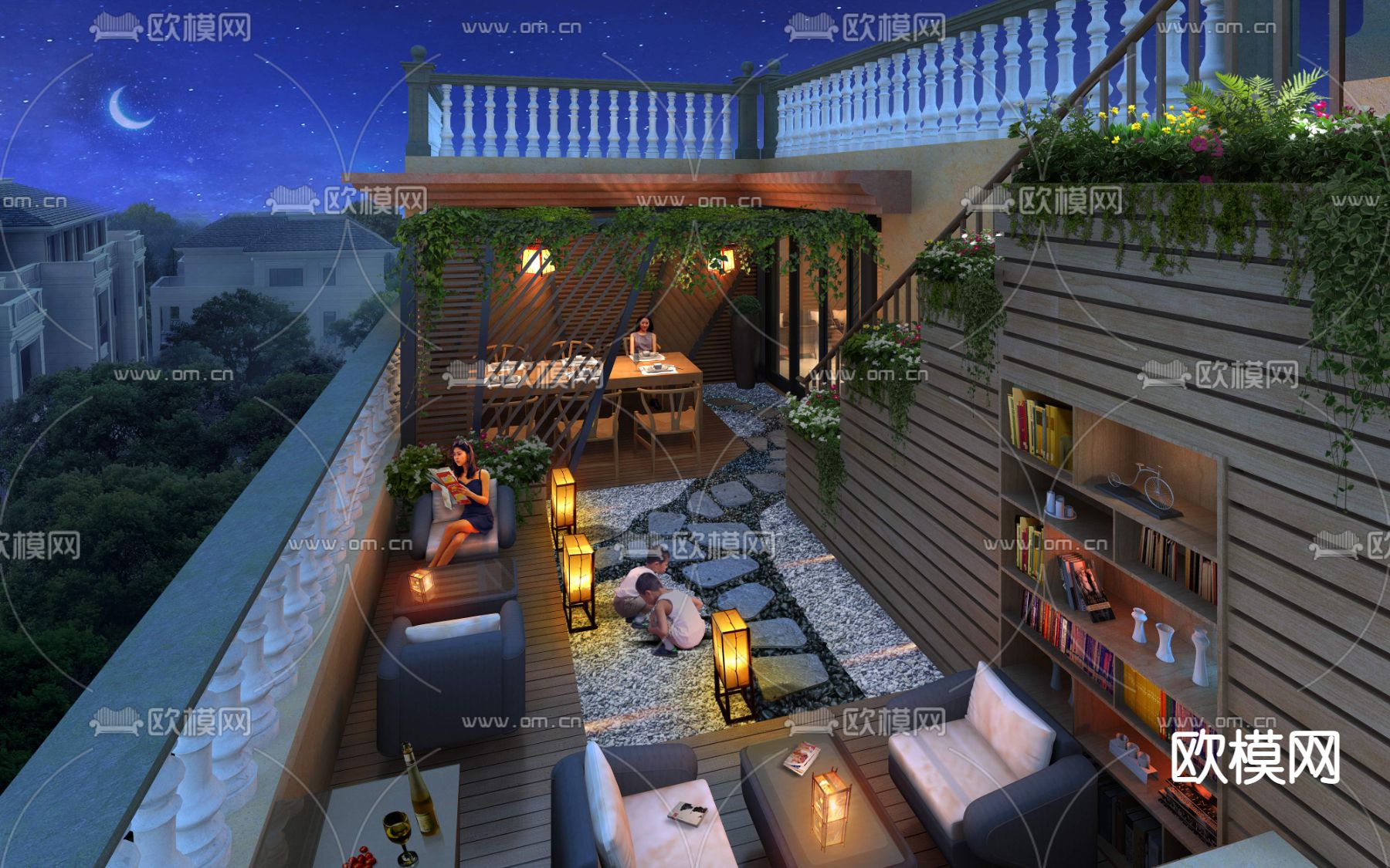 现代庭院花园阳台夜景psd下载