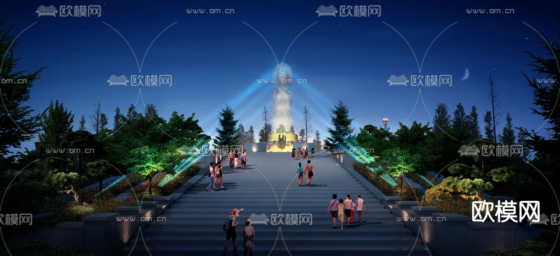 现代公园佛祖雕塑夜景psd下载