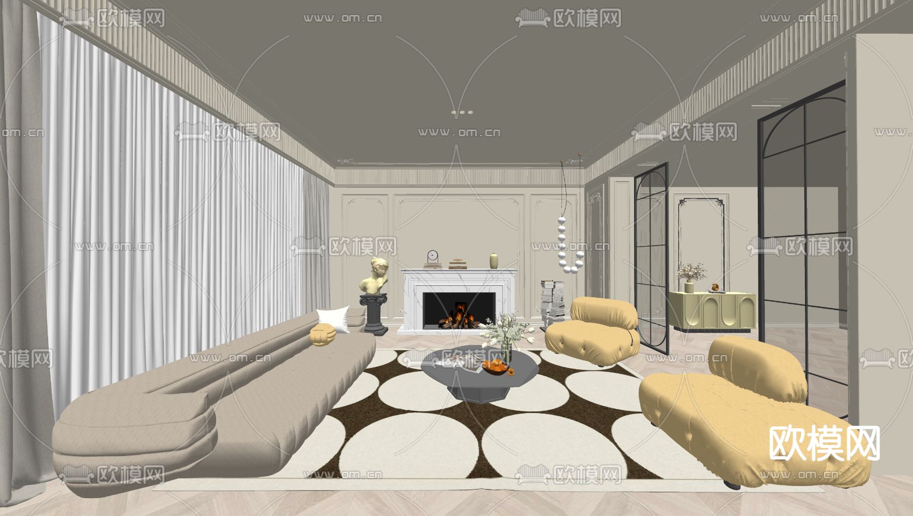 法式客厅su模型下载（渲染图2）