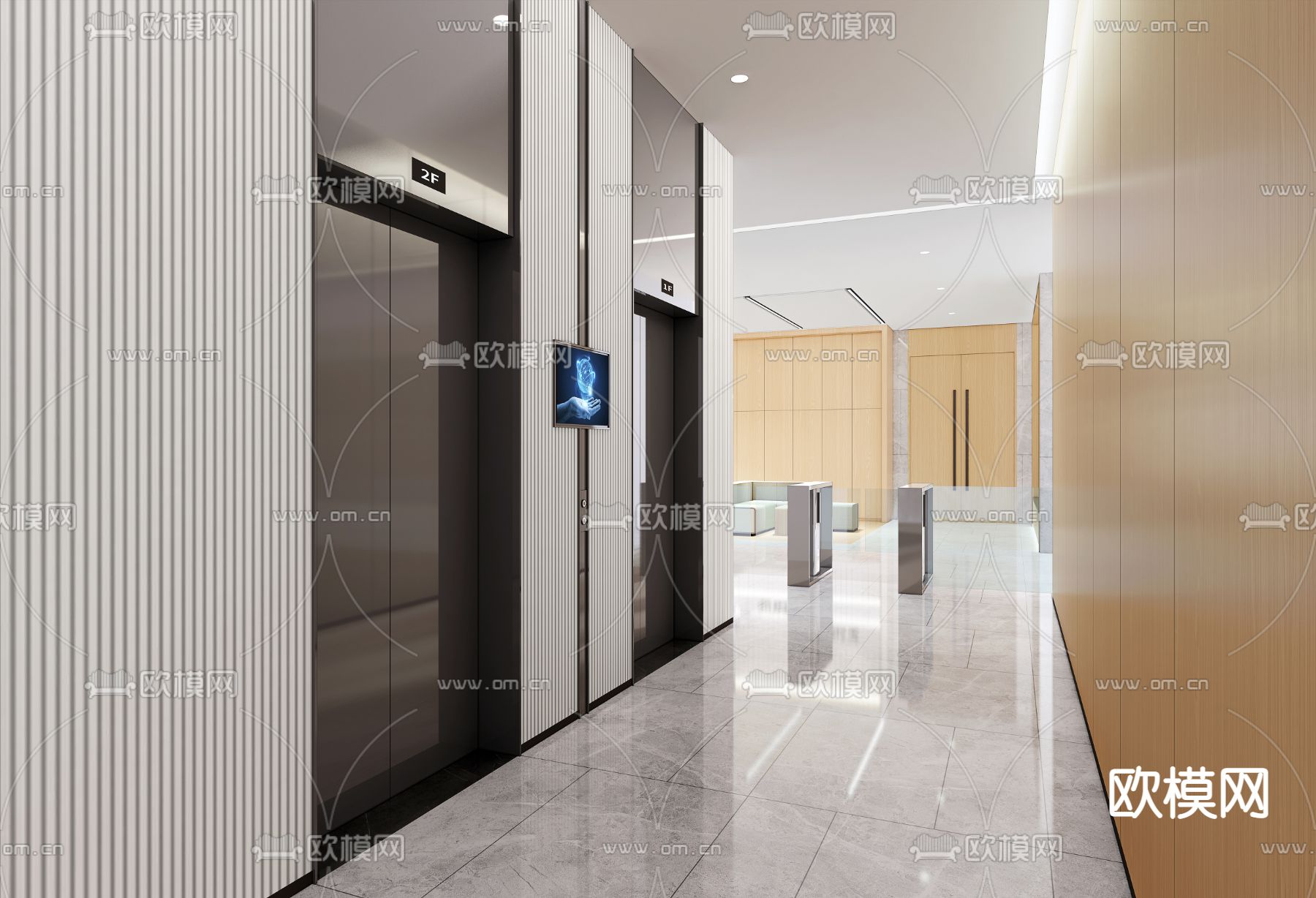 现代电梯厅电梯门su模型下载（渲染图1）