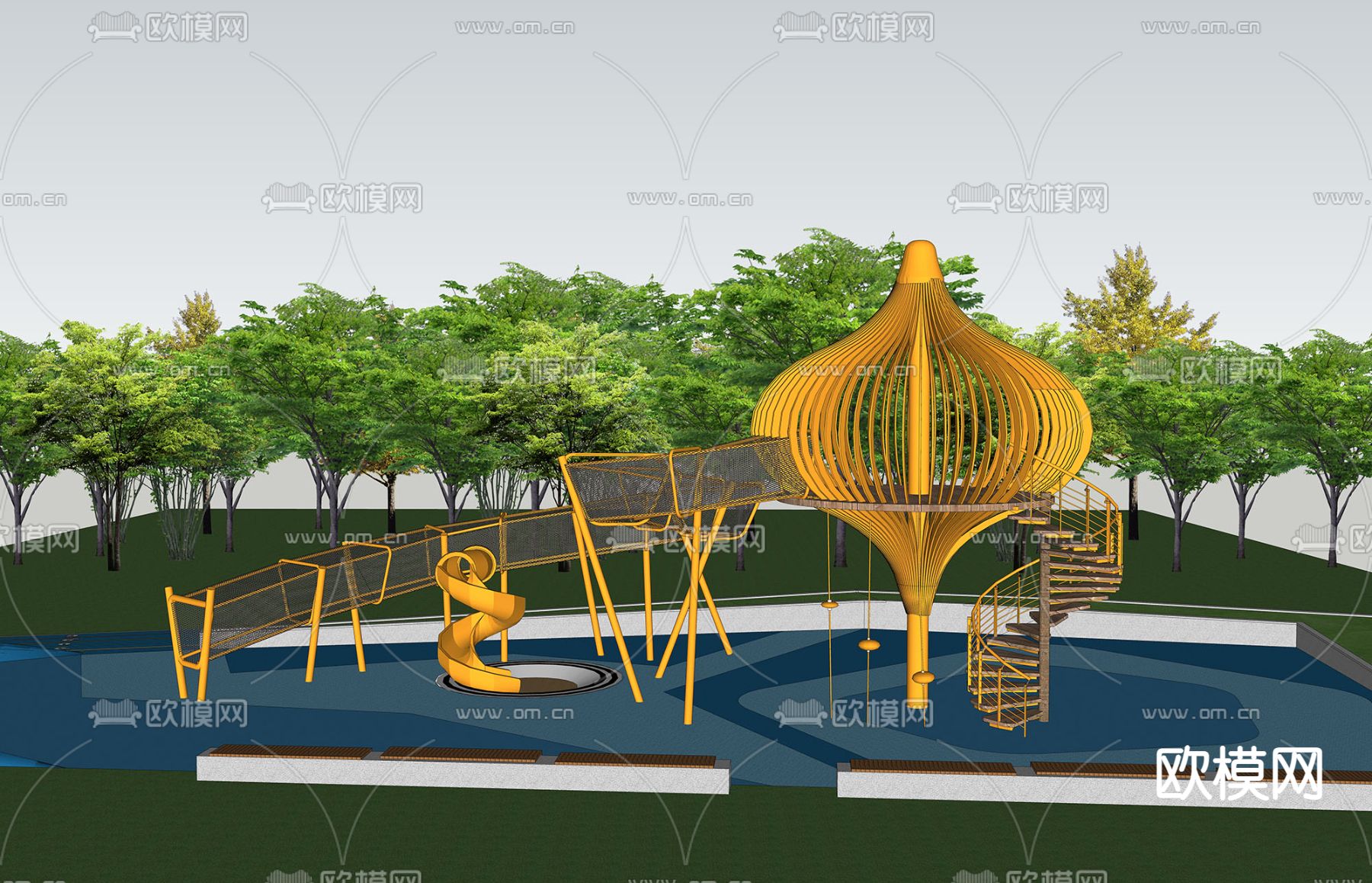 现代公园户外运动游乐区su模型下载（渲染图2）