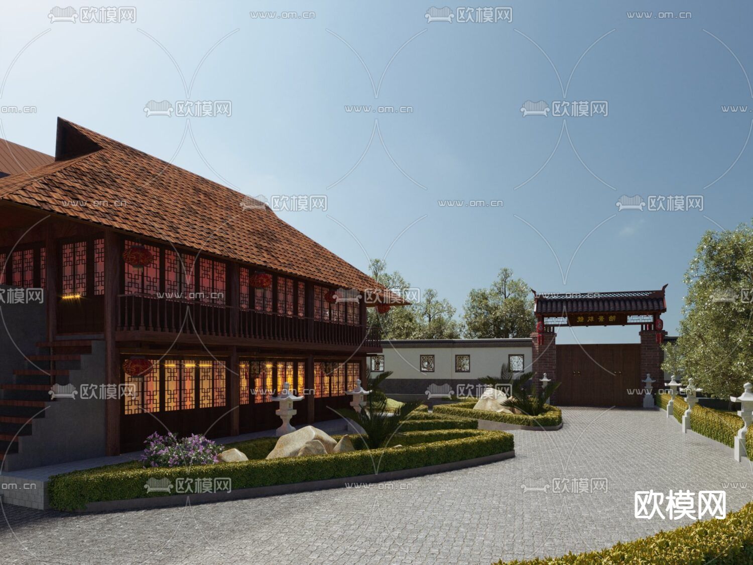 中式度假山庄外观3d模型下载（渲染图1）