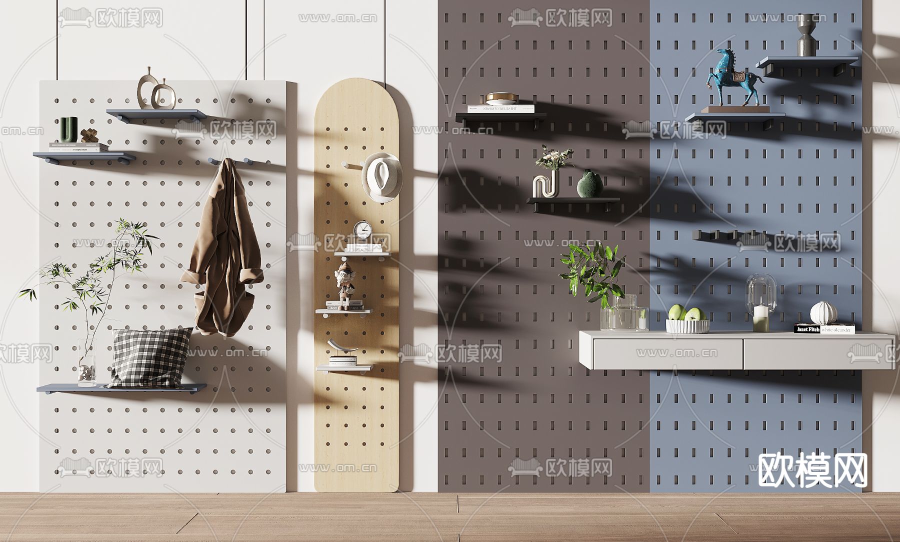 现代置物架洞洞板su模型下载（渲染图1）