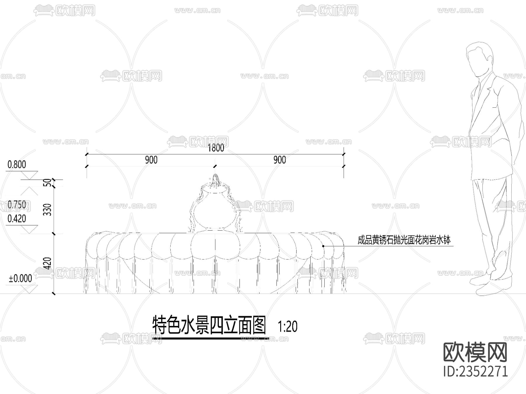 欧式古典花钵水景CAD节点大样下载（渲染图3）